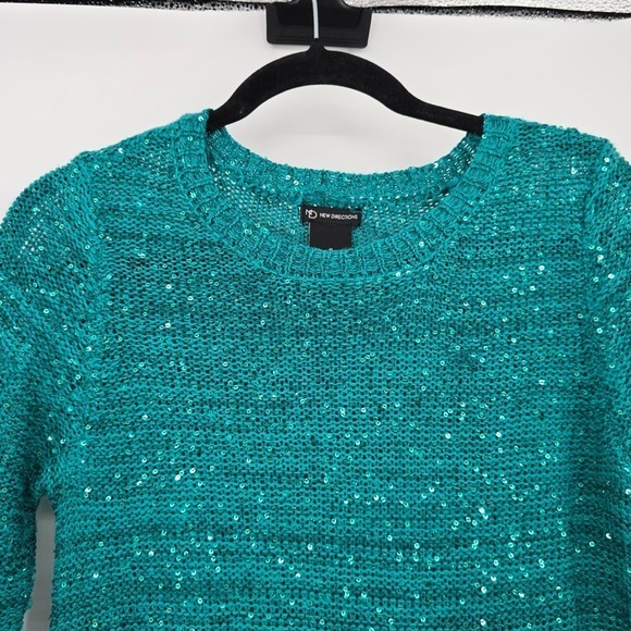New Directions Teal Sequin Knit Top with Lace Hemline Women's Small - Picture 3 of 12